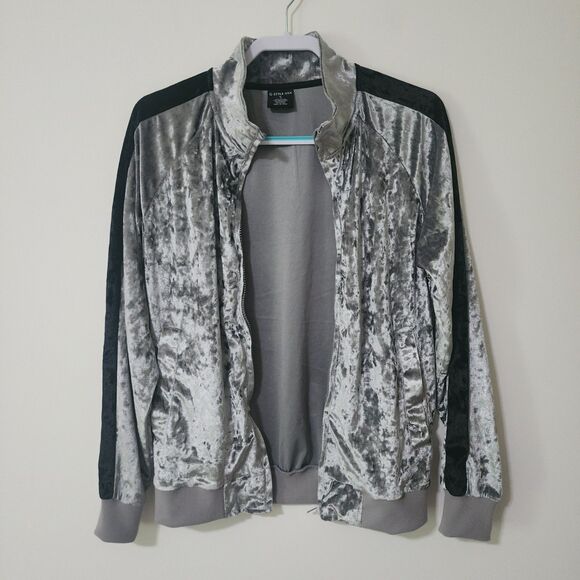 G-Style USA Men's Velour Full-Zip Bomber Jacket Grey Black Unlined Size S - Picture 2 of 7